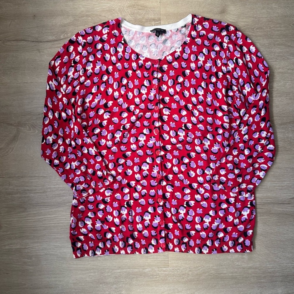 Talbots Cardigan Women L Petite Floral Button Front Career Work Layering Red